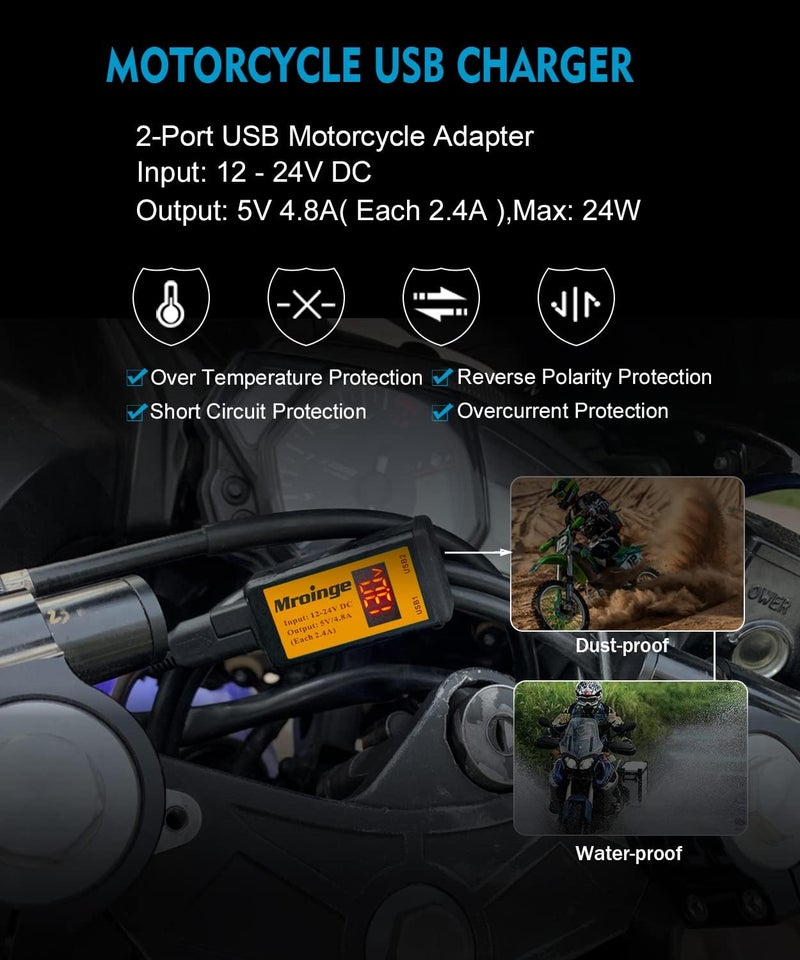 Mroinge Motorcycle USB Charger, 4.8A SAE to USB Adapter with Voltmeter & Ammeter, Quick Disconnect Plug with Dual USB Charger Perfect for Smart Device Charging, with ON/Off Switch & Waterproof Cover - Image 2